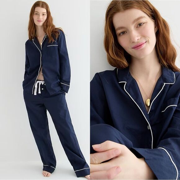 NWT J CREW End-on-end cotton long-sleeve pajama set in Navy - Picture 1 of 7